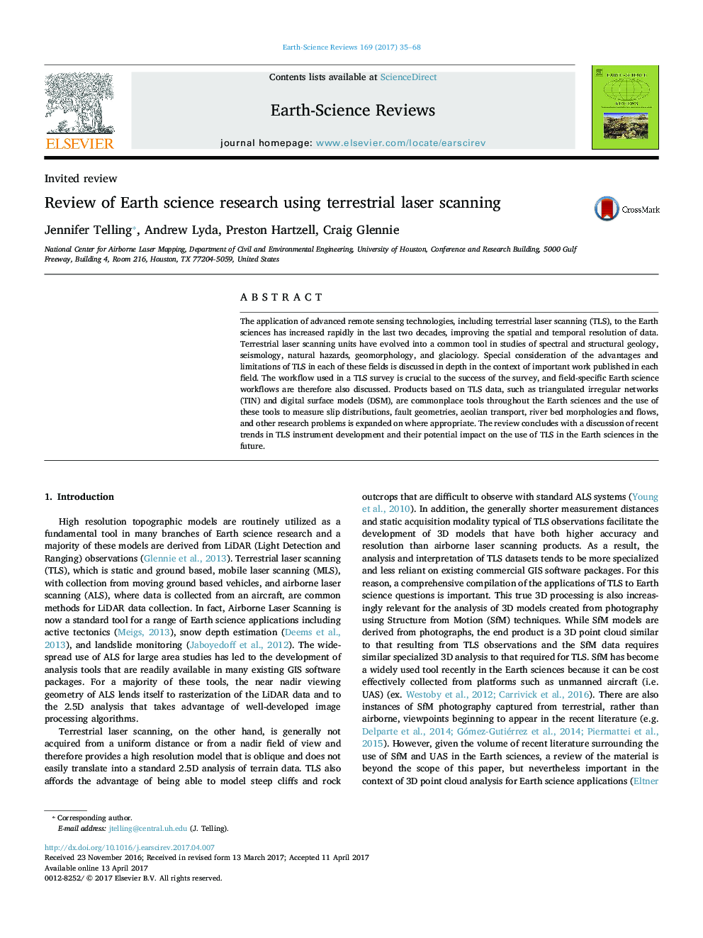 Review of Earth science research using terrestrial laser scanning