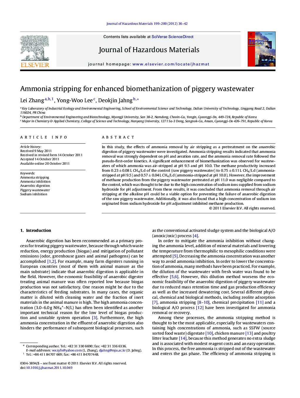 Ammonia stripping for enhanced biomethanization of piggery wastewater