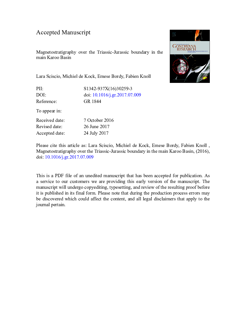 Magnetostratigraphy across the Triassic-Jurassic boundary in the main Karoo Basin