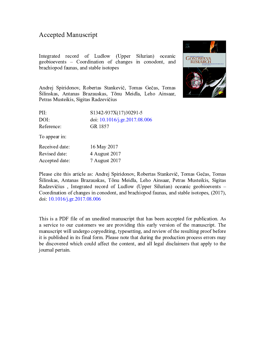 عکس صفحه اول مقاله: Integrated record of Ludlow (Upper Silurian) oceanic geobioevents - Coordination of changes in conodont, and brachiopod faunas, and stable isotopes Integrated record of Ludlow (Upper Silurian) oceanic geobioevents - Coordination of changes in conodont, and brachiopod faunas, and stable isotopes
