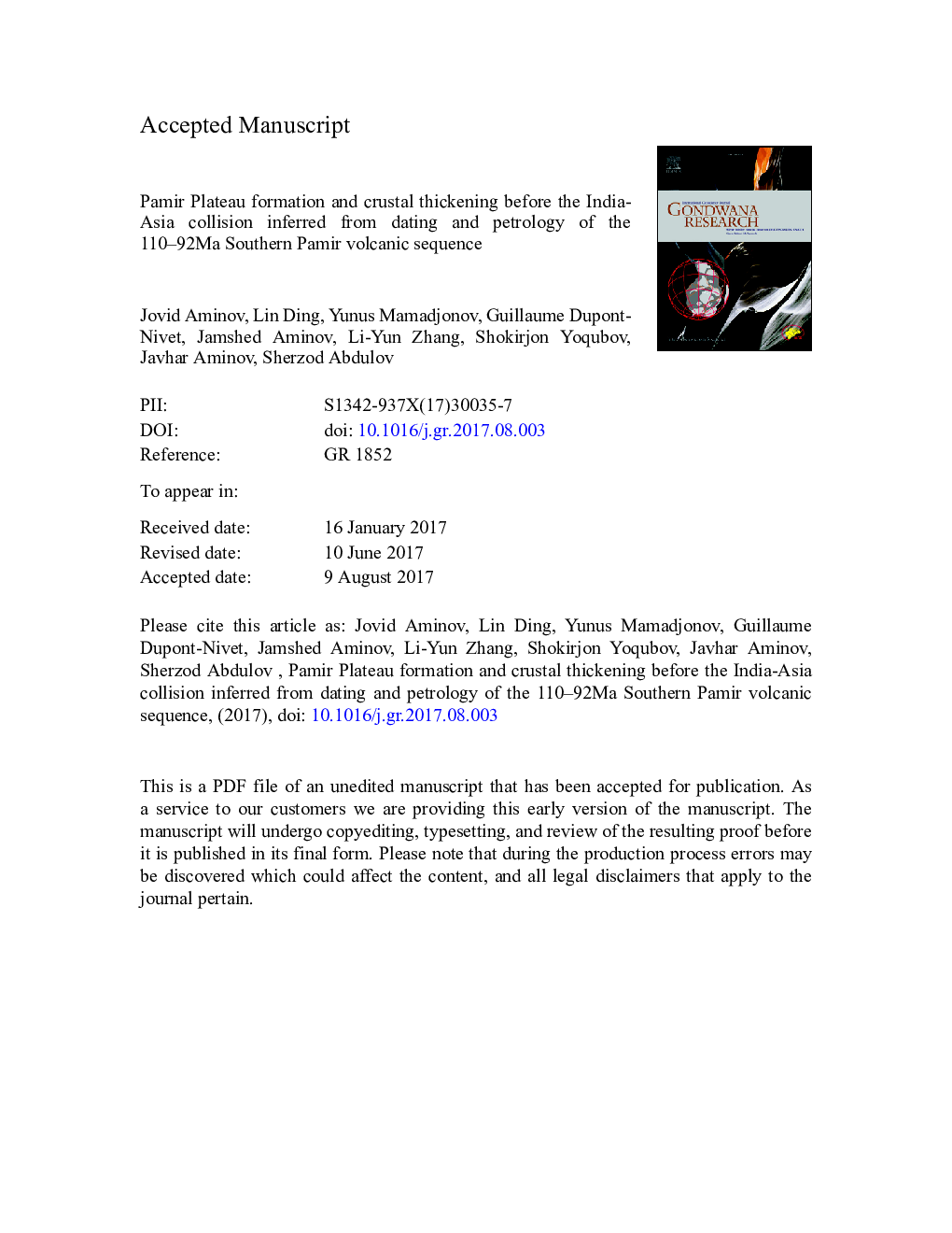 Pamir Plateau formation and crustal thickening before the India-Asia collision inferred from dating and petrology of the 110-92Â Ma Southern Pamir volcanic sequence