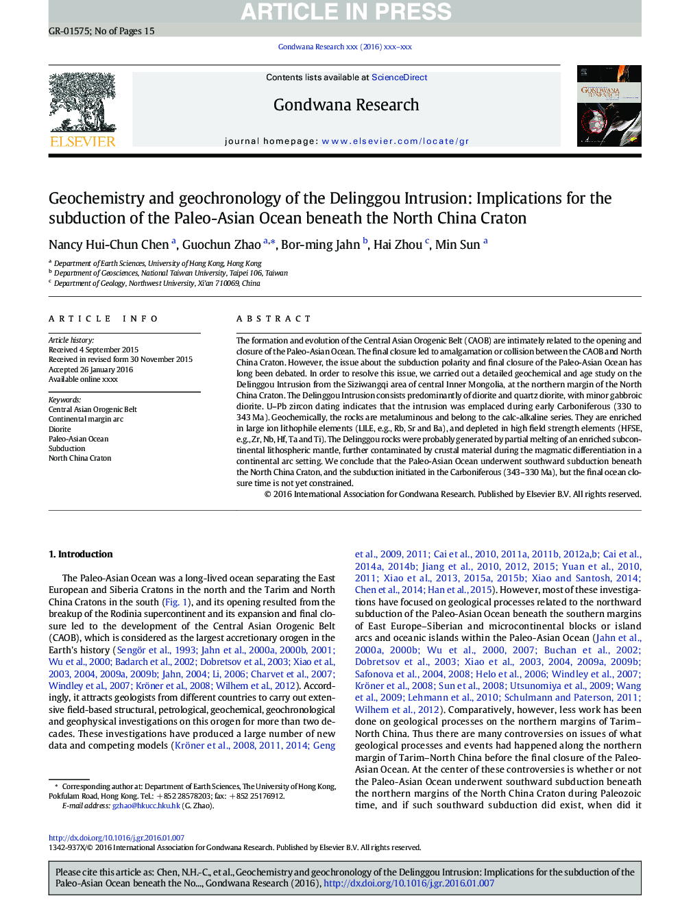 Geochemistry and geochronology of the Delinggou Intrusion: Implications for the subduction of the Paleo-Asian Ocean beneath the North China Craton