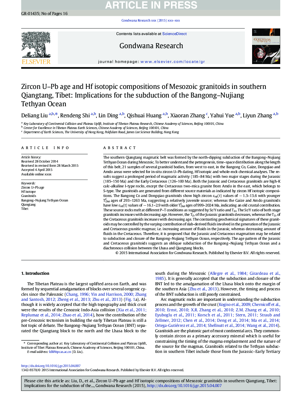 Zircon U-Pb age and Hf isotopic compositions of Mesozoic granitoids in southern Qiangtang, Tibet: Implications for the subduction of the Bangong-Nujiang Tethyan Ocean