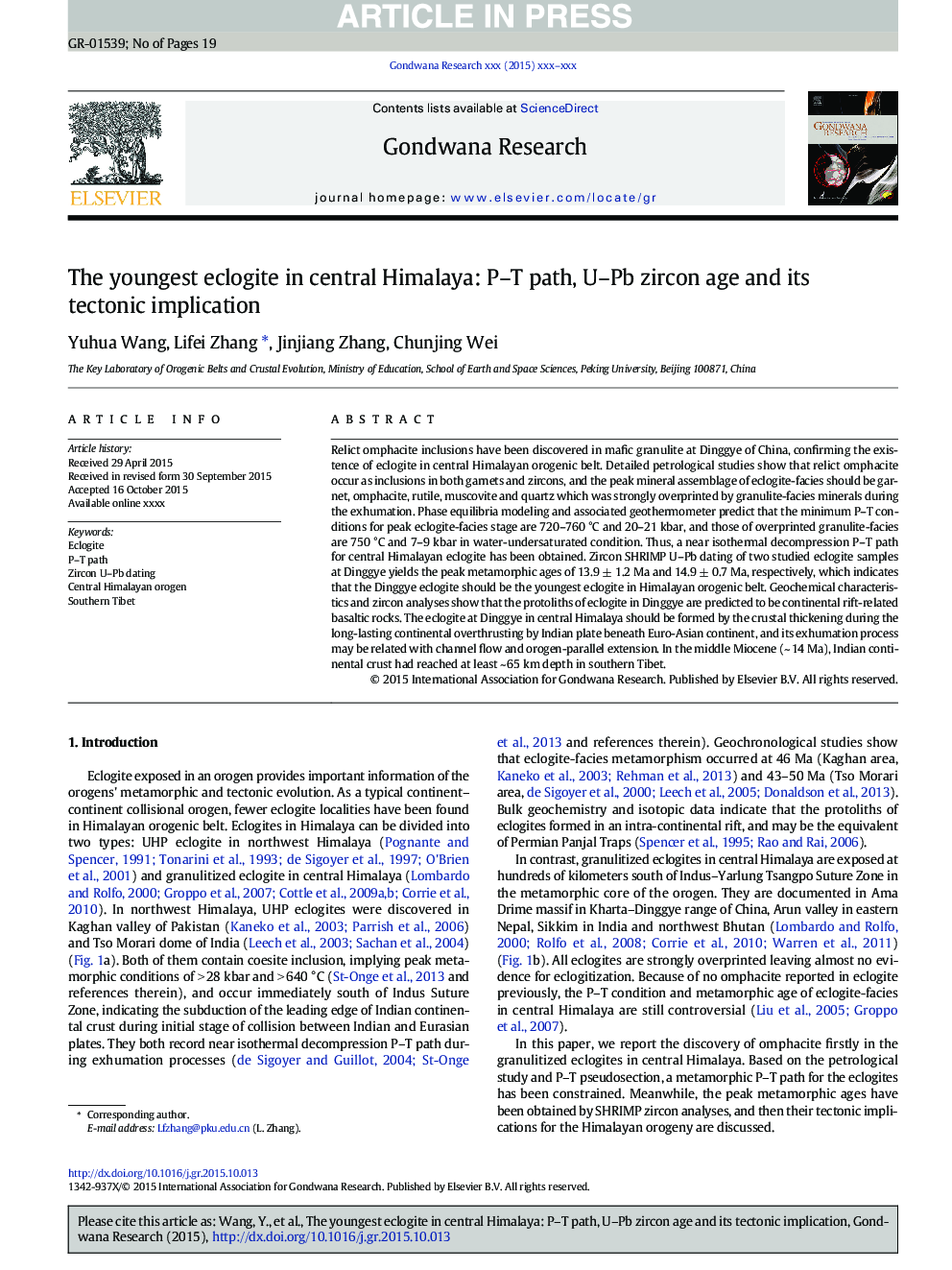 The youngest eclogite in central Himalaya: P-T path, U-Pb zircon age and its tectonic implication