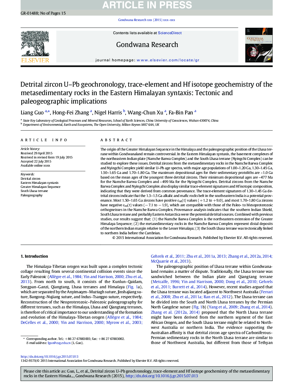 Detrital zircon U-Pb geochronology, trace-element and Hf isotope geochemistry of the metasedimentary rocks in the Eastern Himalayan syntaxis: Tectonic and paleogeographic implications