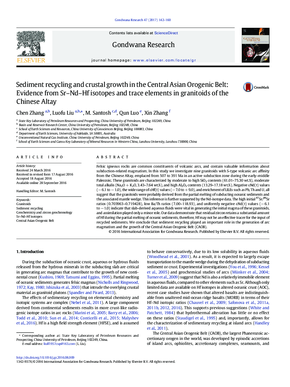 Sediment recycling and crustal growth in the Central Asian Orogenic Belt: Evidence from Sr-Nd-Hf isotopes and trace elements in granitoids of the Chinese Altay