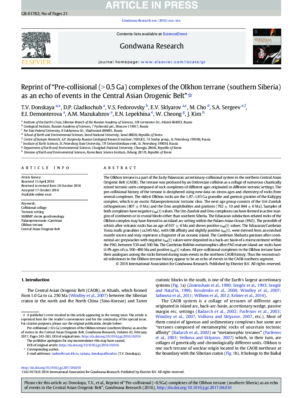 Reprint of “Pre-collisional (>Â 0.5Â Ga) complexes of the Olkhon terrane (southern Siberia) as an echo of events in the Central Asian Orogenic Belt”