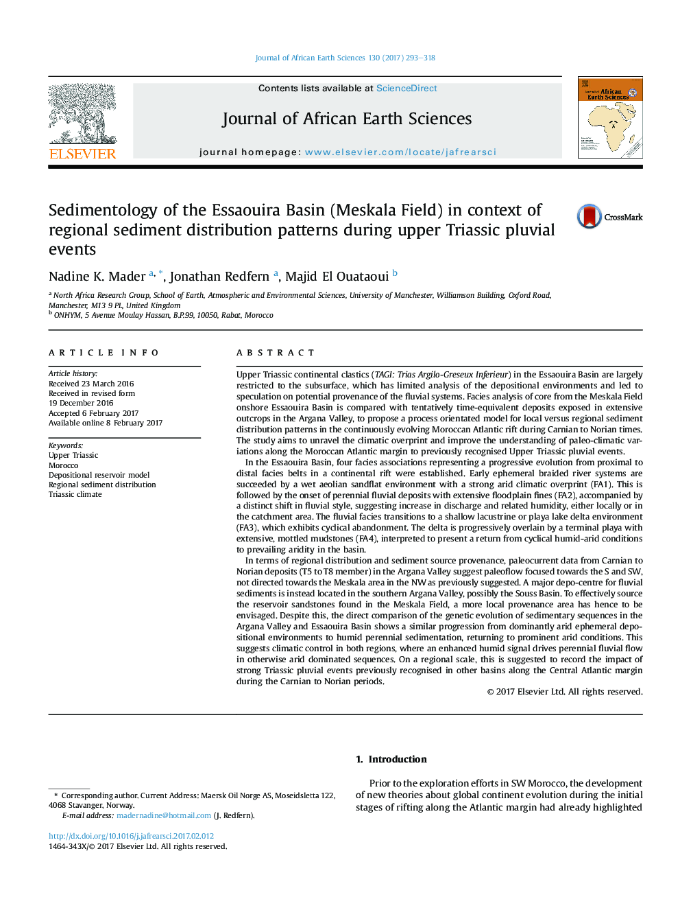 Sedimentology of the Essaouira Basin (Meskala Field) in context of regional sediment distribution patterns during upper Triassic pluvial events