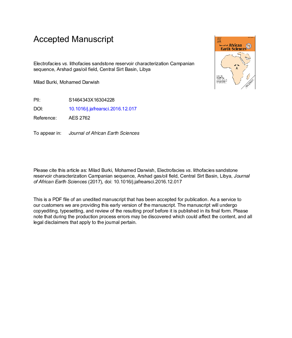 Electrofacies vs. lithofacies sandstone reservoir characterization Campanian sequence, Arshad gas/oil field, Central Sirt Basin, Libya