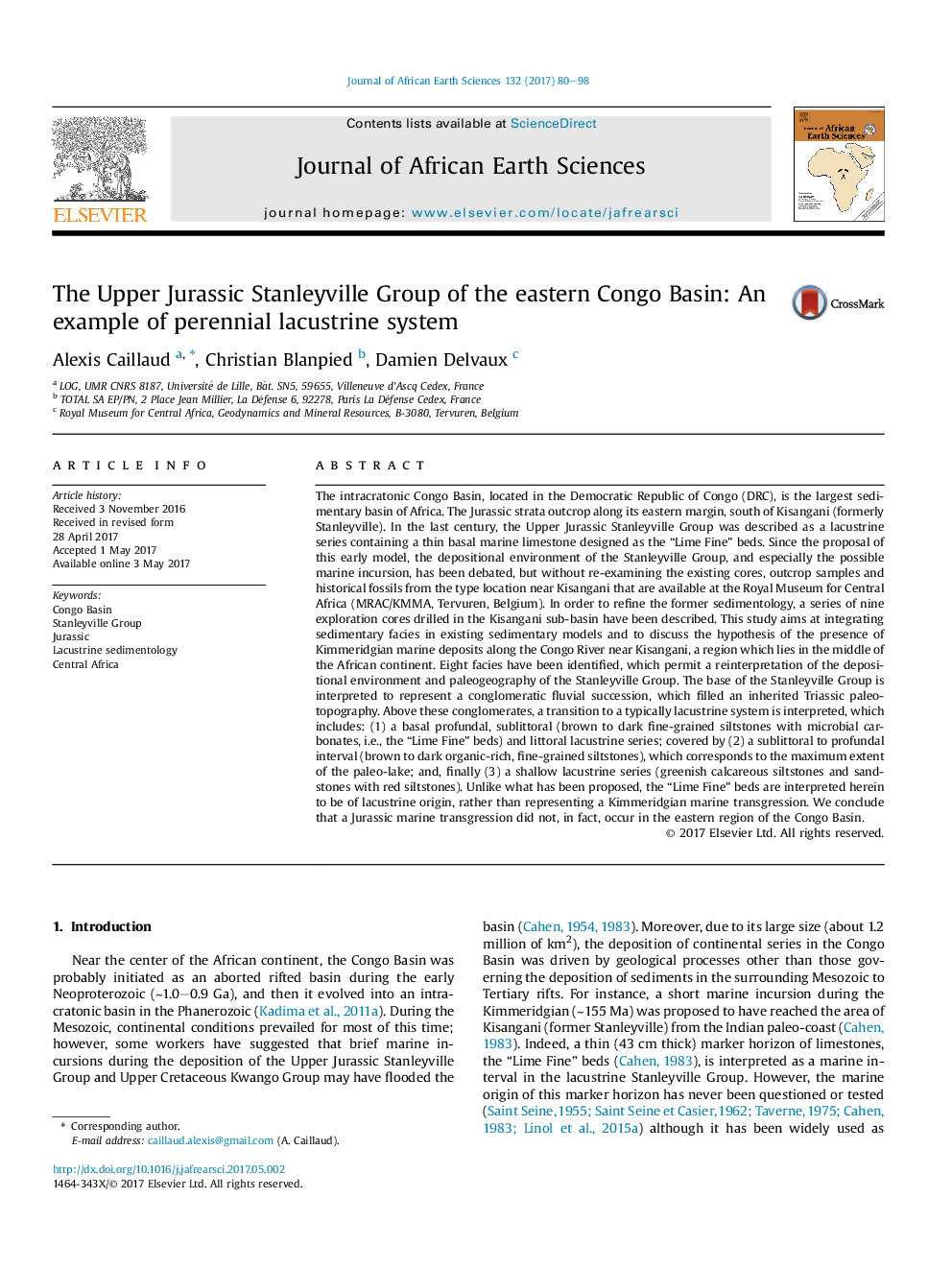 The Upper Jurassic Stanleyville Group of the eastern Congo Basin: An example of perennial lacustrine system