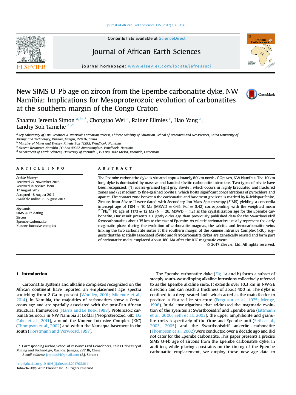 New SIMS U-Pb age on zircon from the Epembe carbonatite dyke, NW Namibia: Implications for Mesoproterozoic evolution of carbonatites at the southern margin of the Congo Craton