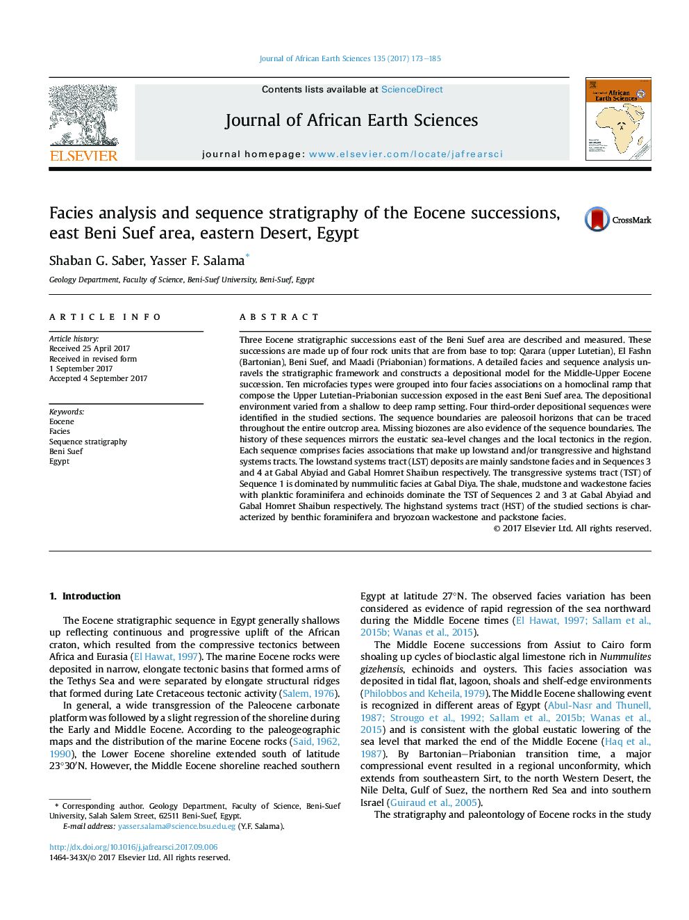 Facies analysis and sequence stratigraphy of the Eocene successions, east Beni Suef area, eastern Desert, Egypt