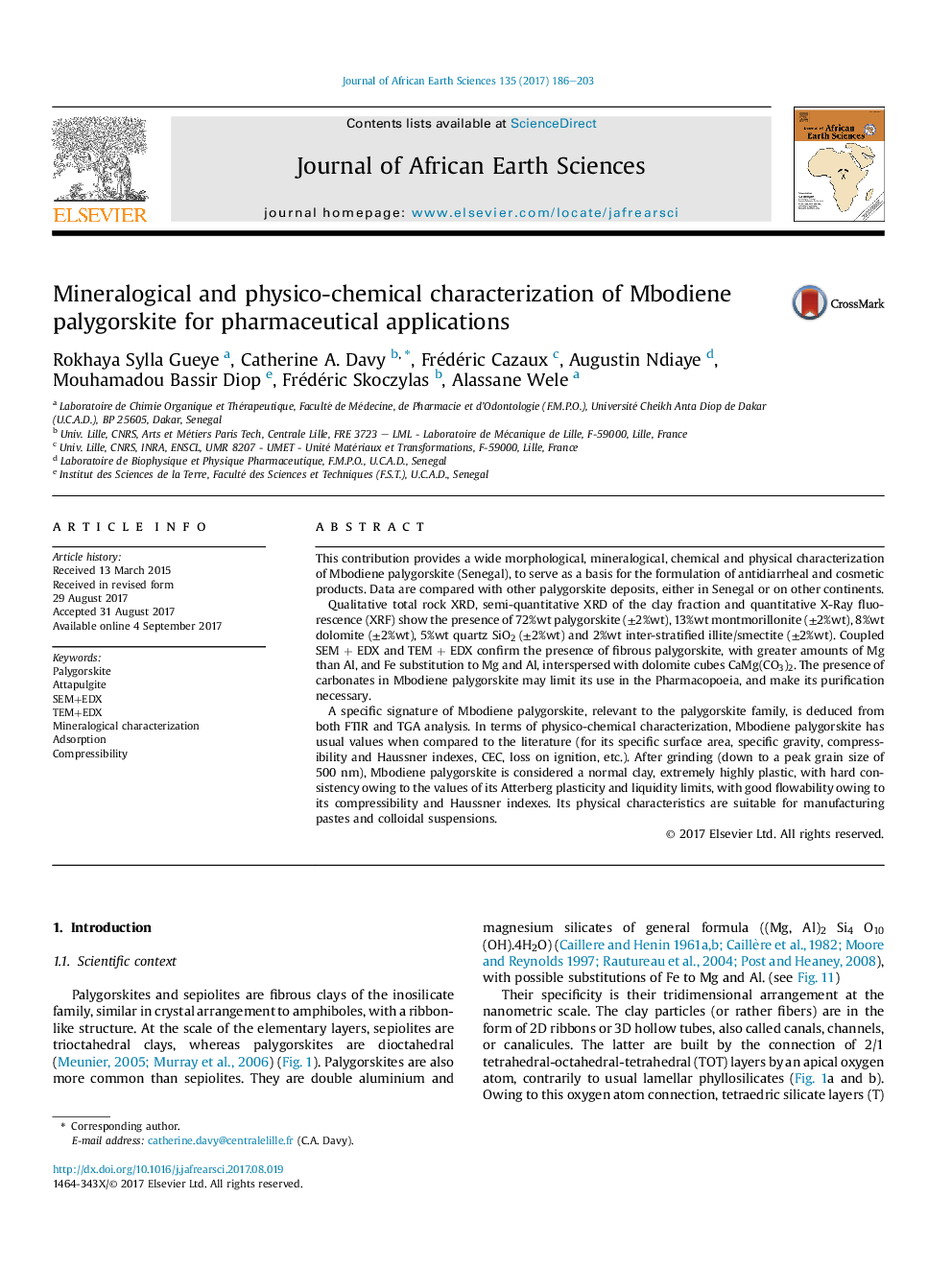 Mineralogical and physico-chemical characterization of Mbodiene palygorskite for pharmaceutical applications