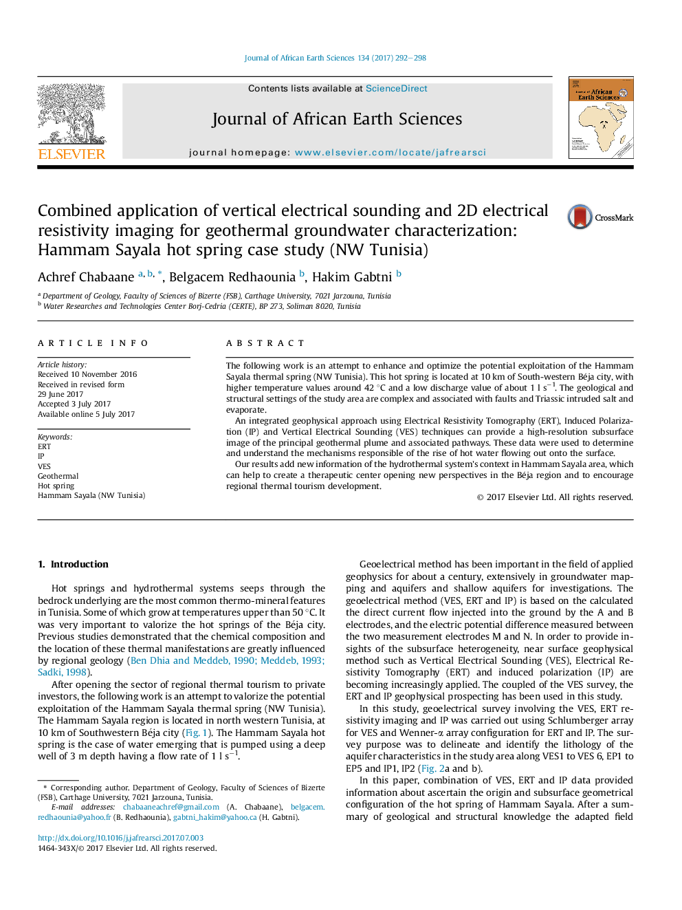 Combined application of vertical electrical sounding and 2D electrical resistivity imaging for geothermal groundwater characterization: Hammam Sayala hot spring case study (NW Tunisia)