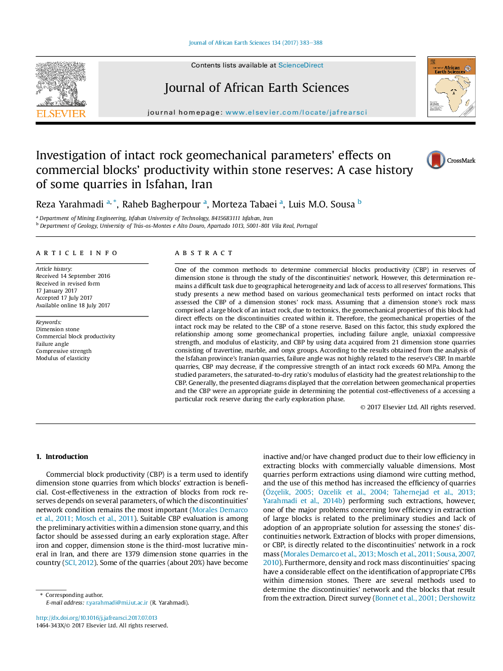 Investigation of intact rock geomechanical parameters' effects on commercial blocks' productivity within stone reserves: A case history of some quarries in Isfahan, Iran