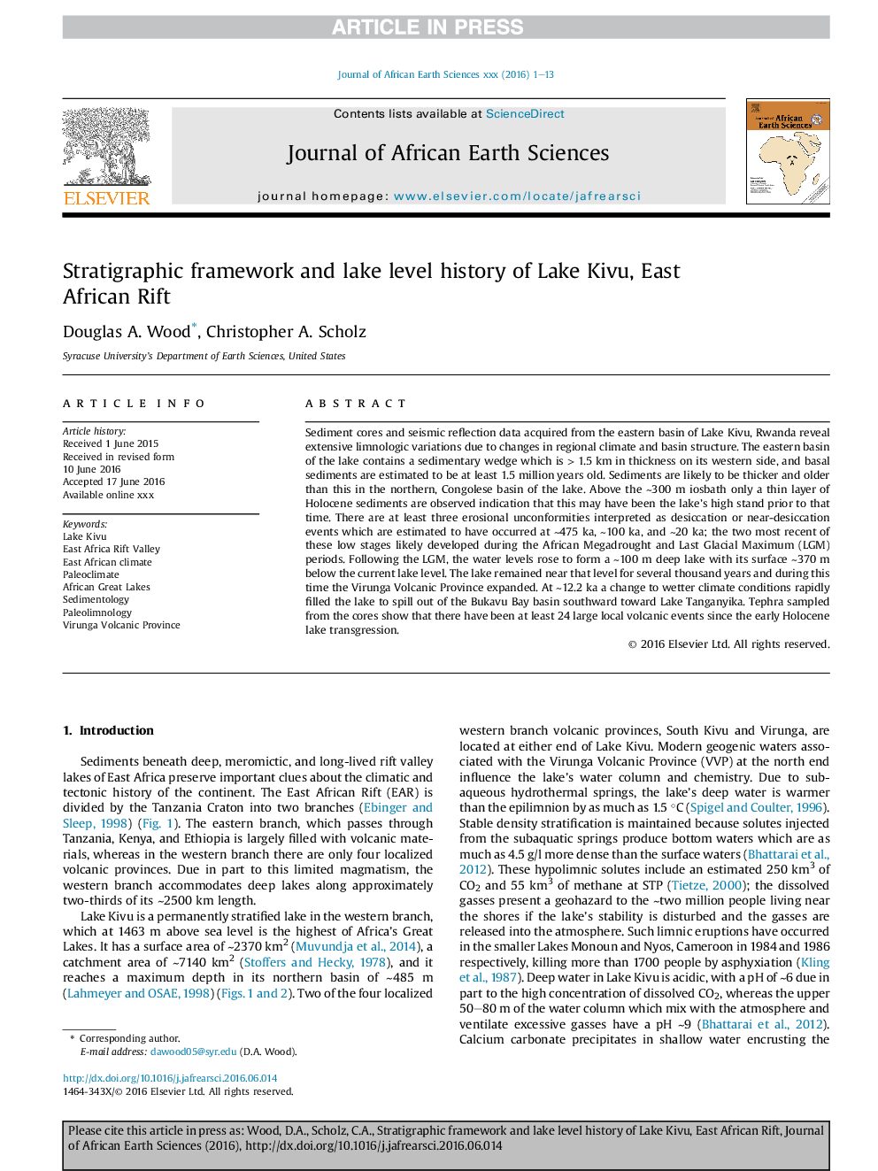 عکس صفحه اول مقاله: Stratigraphic framework and lake level history of Lake Kivu, East African Rift Stratigraphic framework and lake level history of Lake Kivu, East African Rift