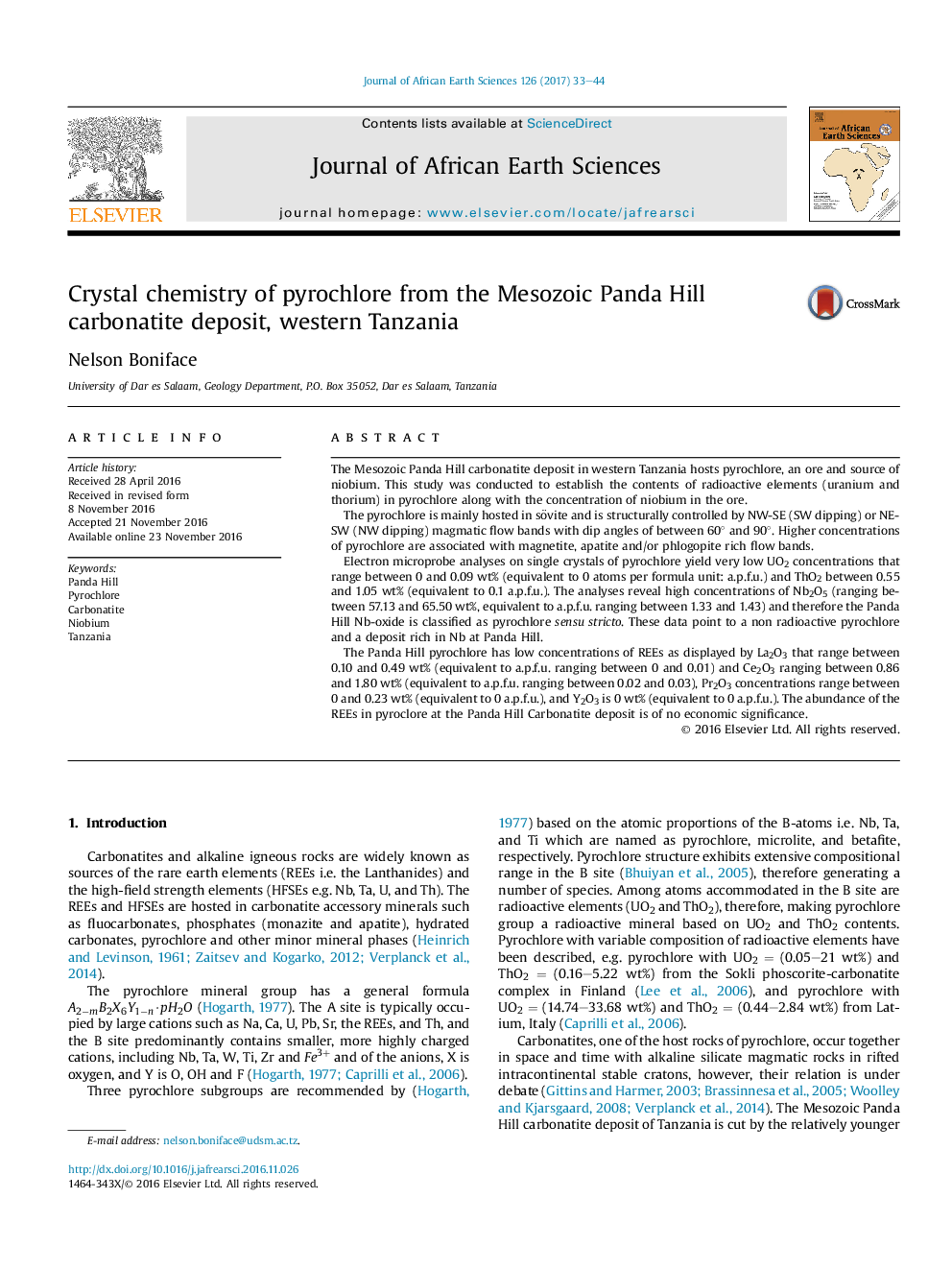 Crystal chemistry of pyrochlore from the Mesozoic Panda Hill carbonatite deposit, western Tanzania