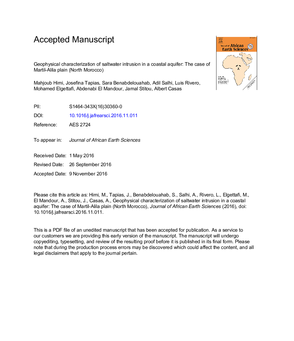 Geophysical characterization of saltwater intrusion in a coastal aquifer: The case of Martil-Alila plain (North Morocco)