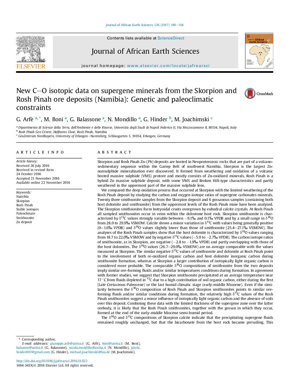 New CO isotopic data on supergene minerals from the Skorpion and Rosh Pinah ore deposits (Namibia): Genetic and paleoclimatic constraints