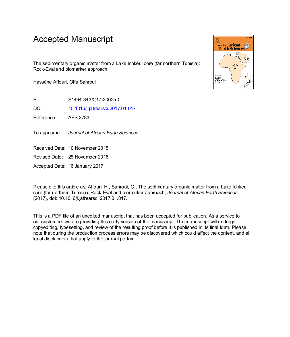 The sedimentary organic matter from a Lake Ichkeul core (far northern Tunisia): Rock-Eval and biomarker approach