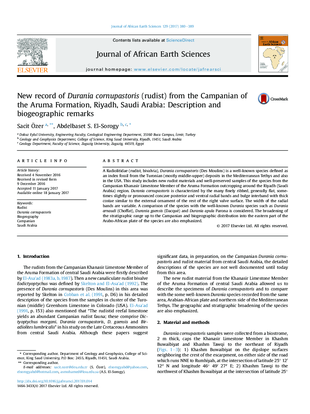 New record of Durania cornupastoris (rudist) from the Campanian of the Aruma Formation, Riyadh, Saudi Arabia: Description and biogeographic remarks