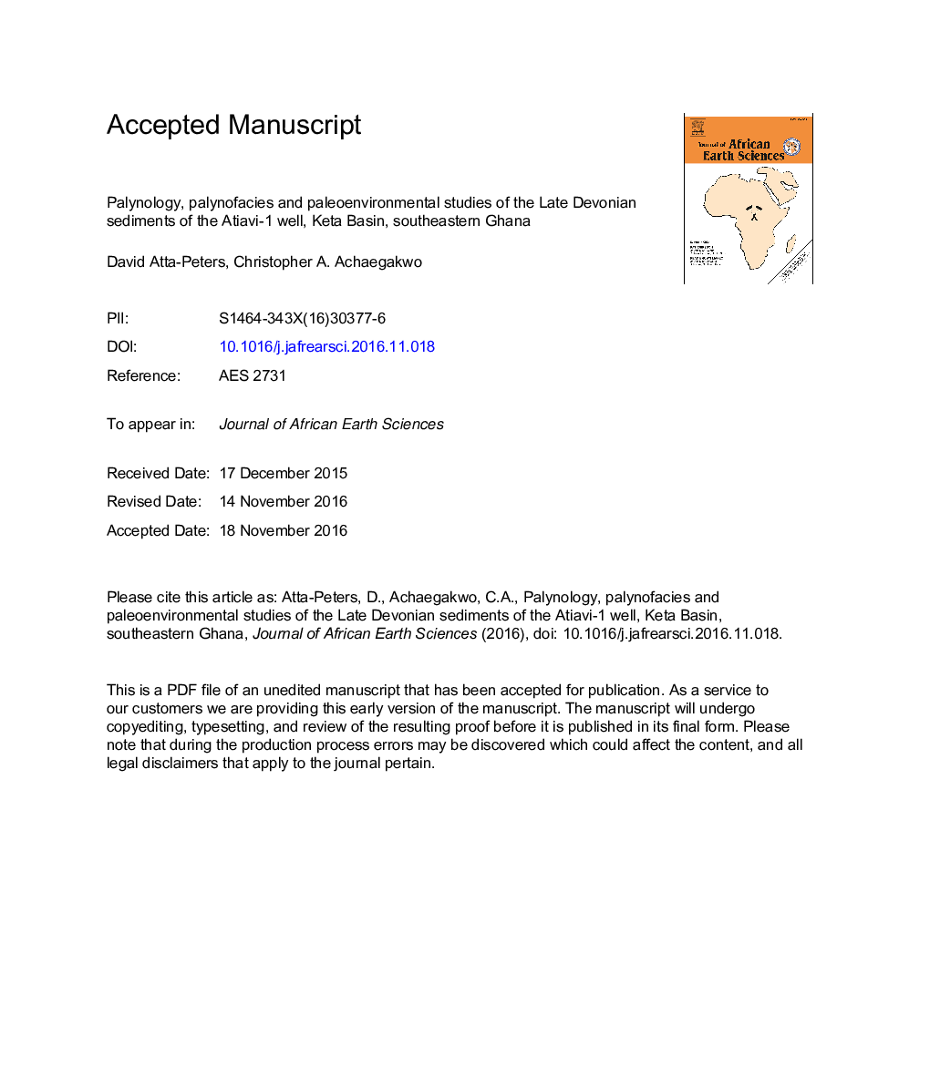 Palynology, palynofacies and paleoenvironmental studies of the Late Devonian sediments of the Atiavi-1 well, Keta Basin, southeastern Ghana