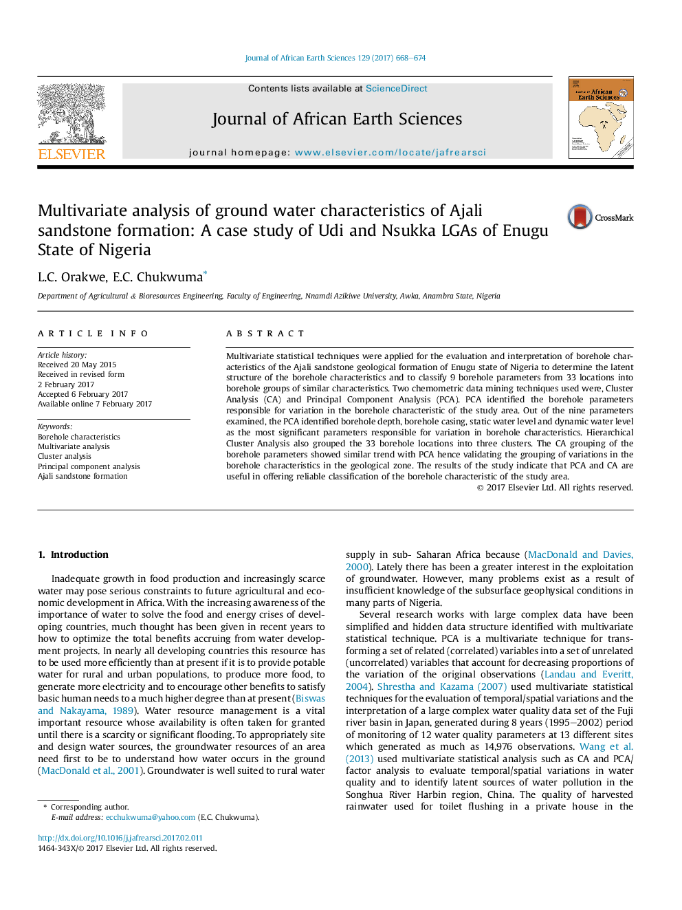 Multivariate analysis of ground water characteristics of Ajali sandstone formation: A case study of Udi and Nsukka LGAs of Enugu State of Nigeria