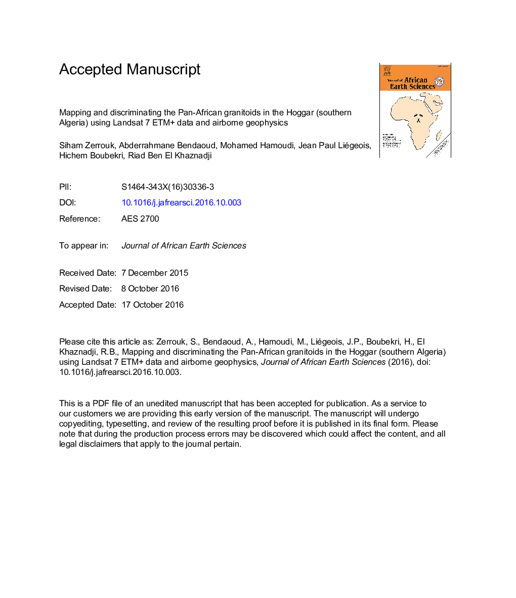 Mapping and discriminating the Pan-African granitoids in the Hoggar (southern Algeria) using Landsat 7 ETM+ data and airborne geophysics