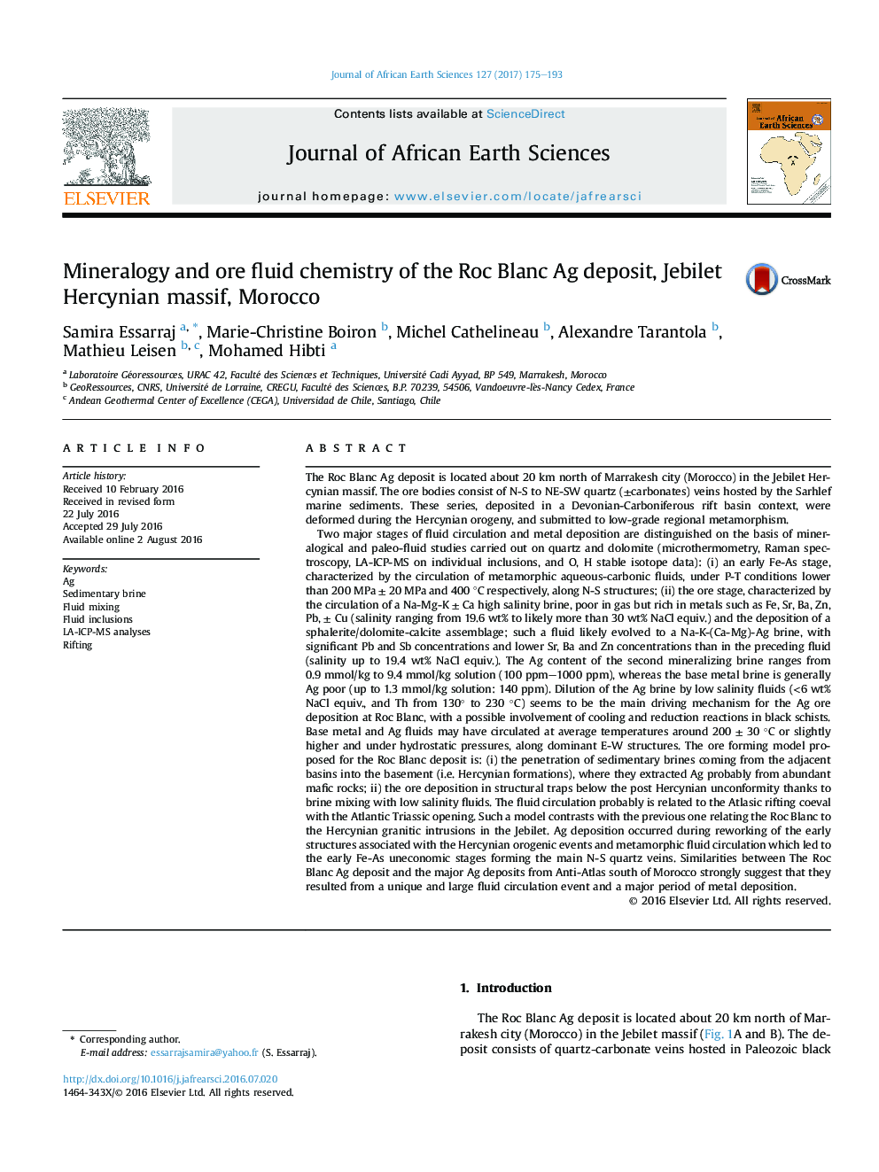 Mineralogy and ore fluid chemistry of the Roc Blanc Ag deposit, Jebilet Hercynian massif, Morocco