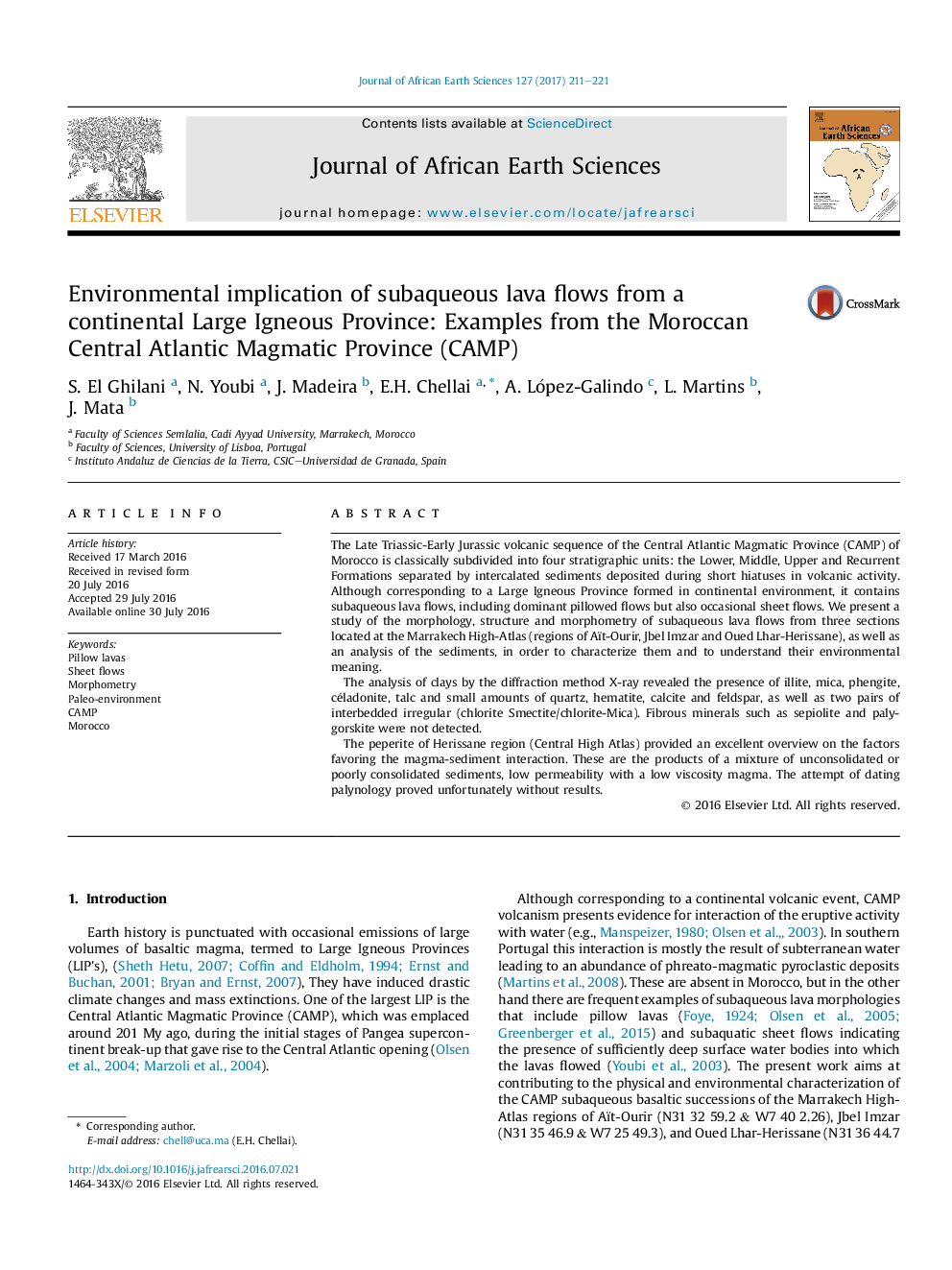 عکس صفحه اول مقاله: Environmental implication of subaqueous lava flows from a continental Large Igneous Province: Examples from the Moroccan Central Atlantic Magmatic Province (CAMP) Environmental implication of subaqueous lava flows from a continental Large Igneous Province: Examples from the Moroccan Central Atlantic Magmatic Province (CAMP)