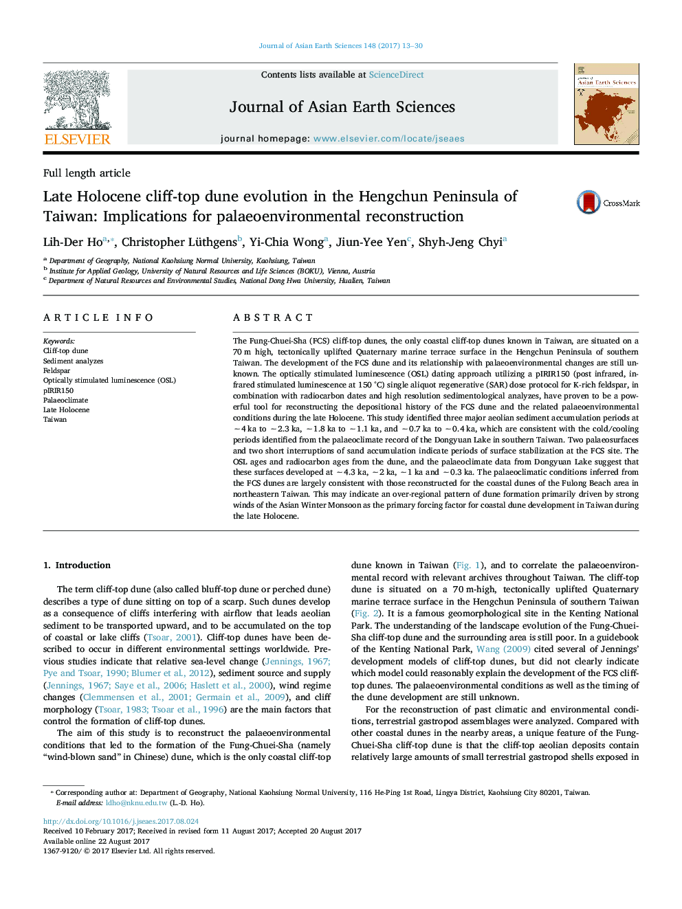 Late Holocene cliff-top dune evolution in the Hengchun Peninsula of Taiwan: Implications for palaeoenvironmental reconstruction