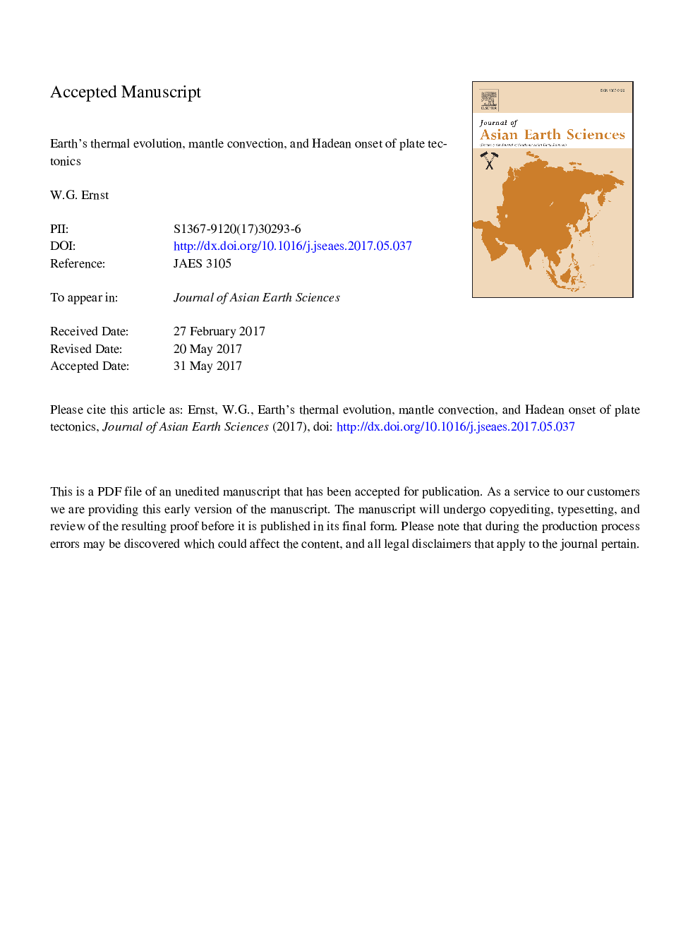 Earth's thermal evolution, mantle convection, and Hadean onset of plate tectonics