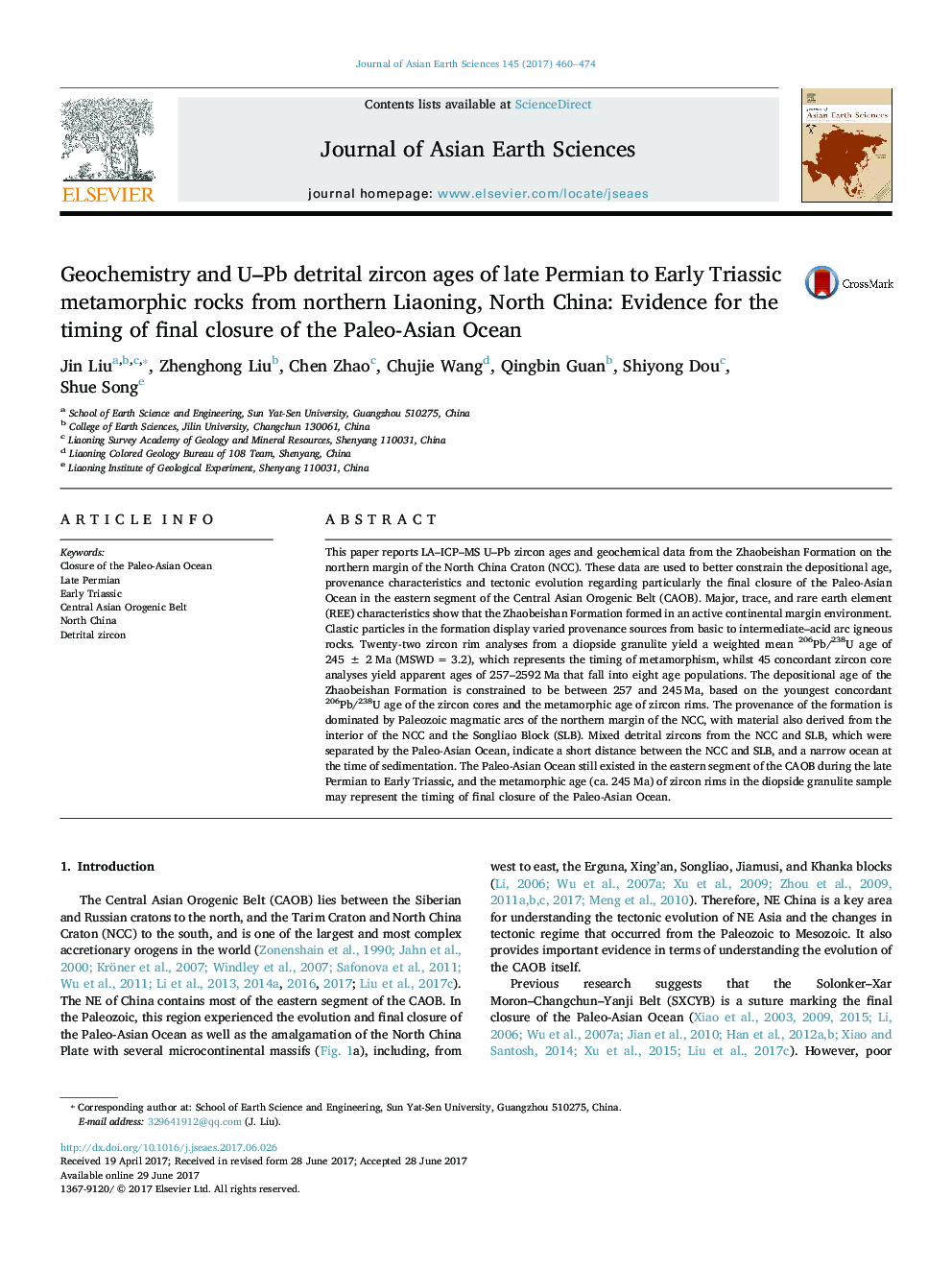 Geochemistry and U-Pb detrital zircon ages of late Permian to Early Triassic metamorphic rocks from northern Liaoning, North China: Evidence for the timing of final closure of the Paleo-Asian Ocean