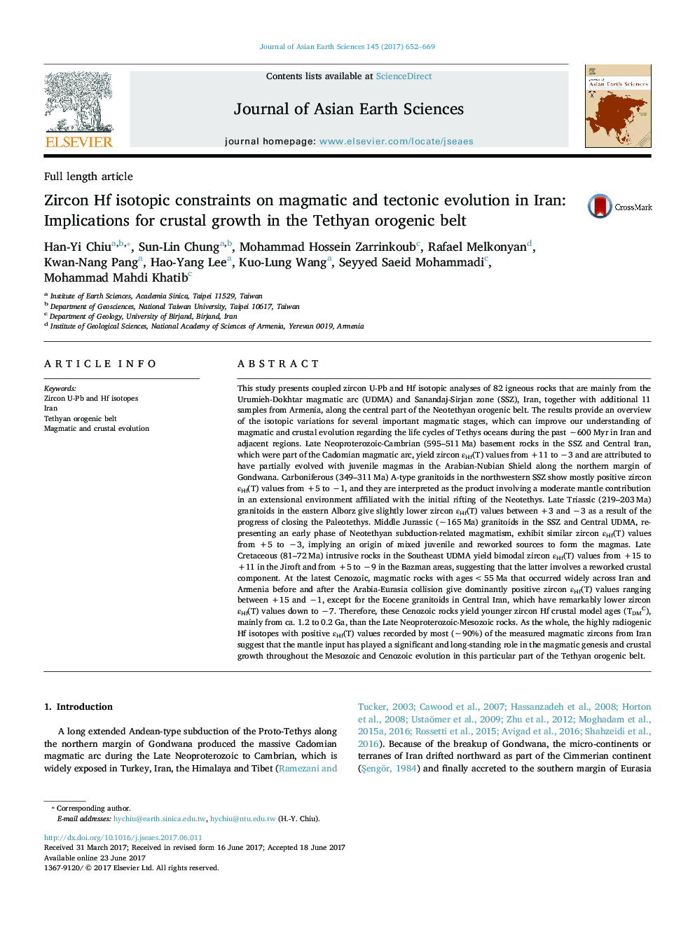 Zircon Hf isotopic constraints on magmatic and tectonic evolution in Iran: Implications for crustal growth in the Tethyan orogenic belt