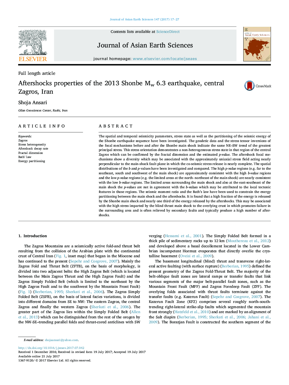 Full length articleAftershocks properties of the 2013 Shonbe Mw 6.3 earthquake, central Zagros, Iran