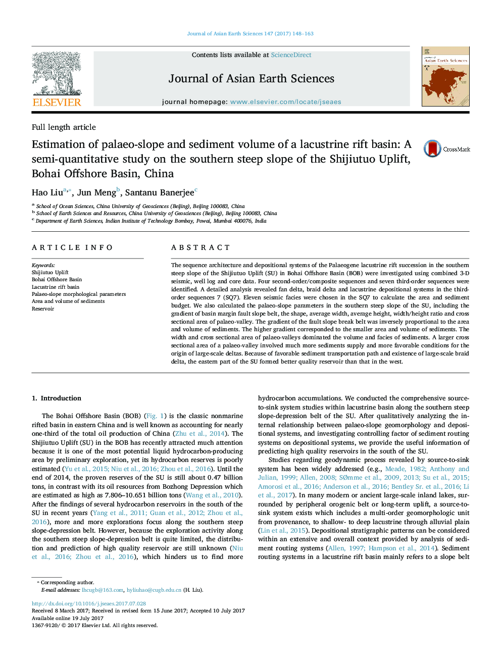 Estimation of palaeo-slope and sediment volume of a lacustrine rift basin: A semi-quantitative study on the southern steep slope of the Shijiutuo Uplift, Bohai Offshore Basin, China