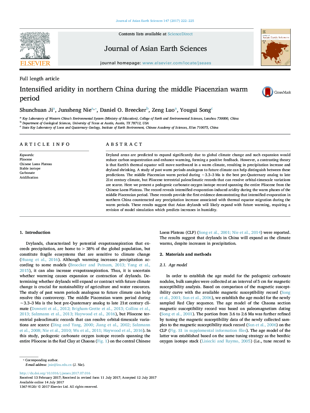 Intensified aridity in northern China during the middle Piacenzian warm period