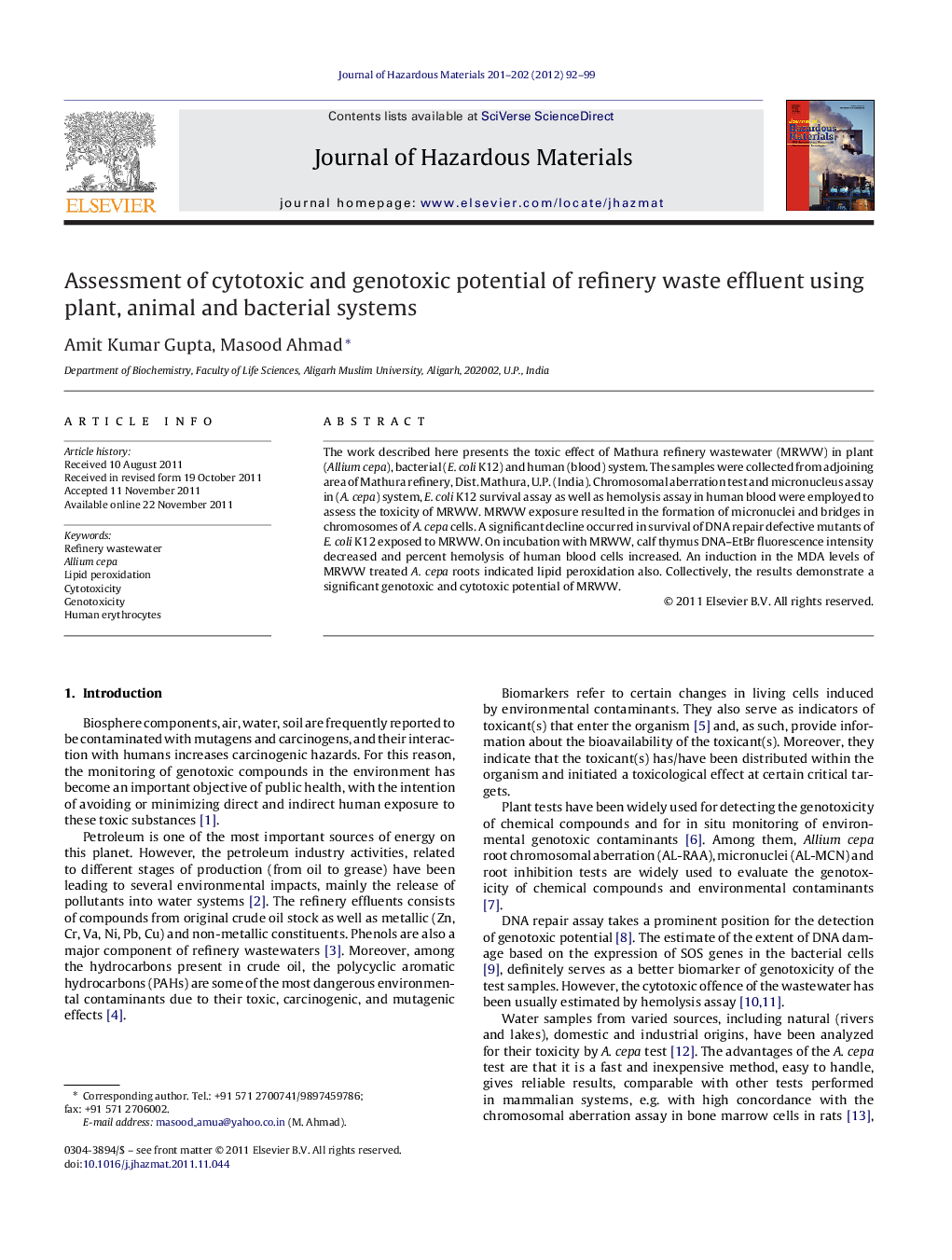 Assessment of cytotoxic and genotoxic potential of refinery waste effluent using plant, animal and bacterial systems