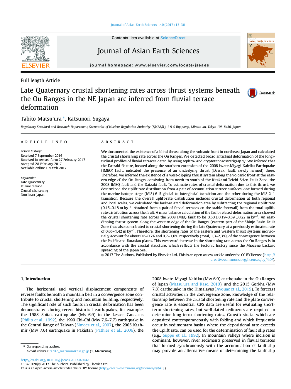 Late Quaternary crustal shortening rates across thrust systems beneath the Ou Ranges in the NE Japan arc inferred from fluvial terrace deformation