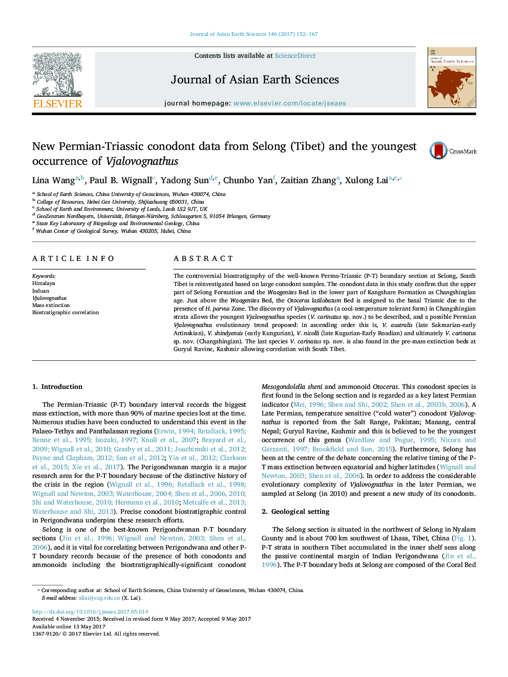 New Permian-Triassic conodont data from Selong (Tibet) and the youngest occurrence of Vjalovognathus