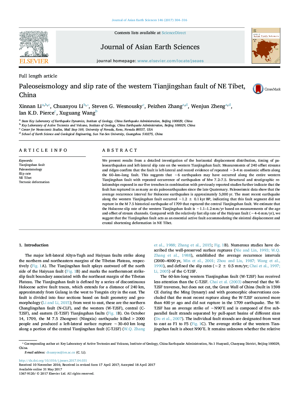 عکس صفحه اول مقاله: Full length articlePaleoseismology and slip rate of the western Tianjingshan fault of NE Tibet, China Full length articlePaleoseismology and slip rate of the western Tianjingshan fault of NE Tibet, China