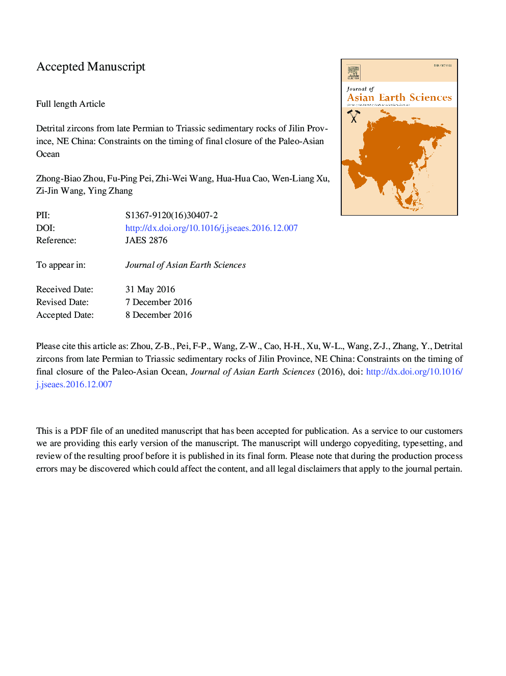 Using detrital zircons from late Permian to Triassic sedimentary rocks in the south-eastern Central Asian Orogenic Belt (NE China) to constrain the timing of the final closure of the Paleo-Asian Ocean