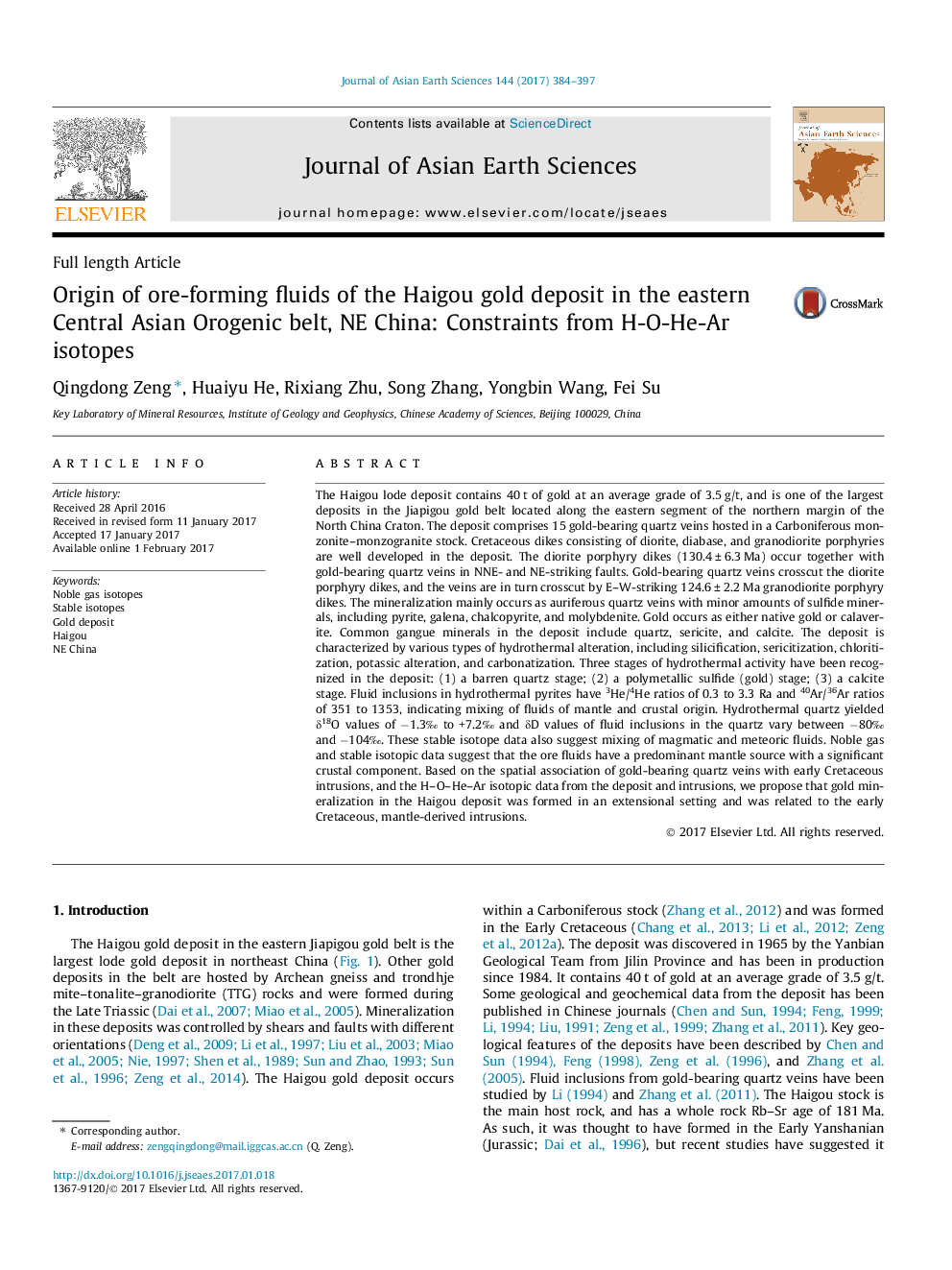 Full length ArticleOrigin of ore-forming fluids of the Haigou gold deposit in the eastern Central Asian Orogenic belt, NE China: Constraints from H-O-He-Ar isotopes