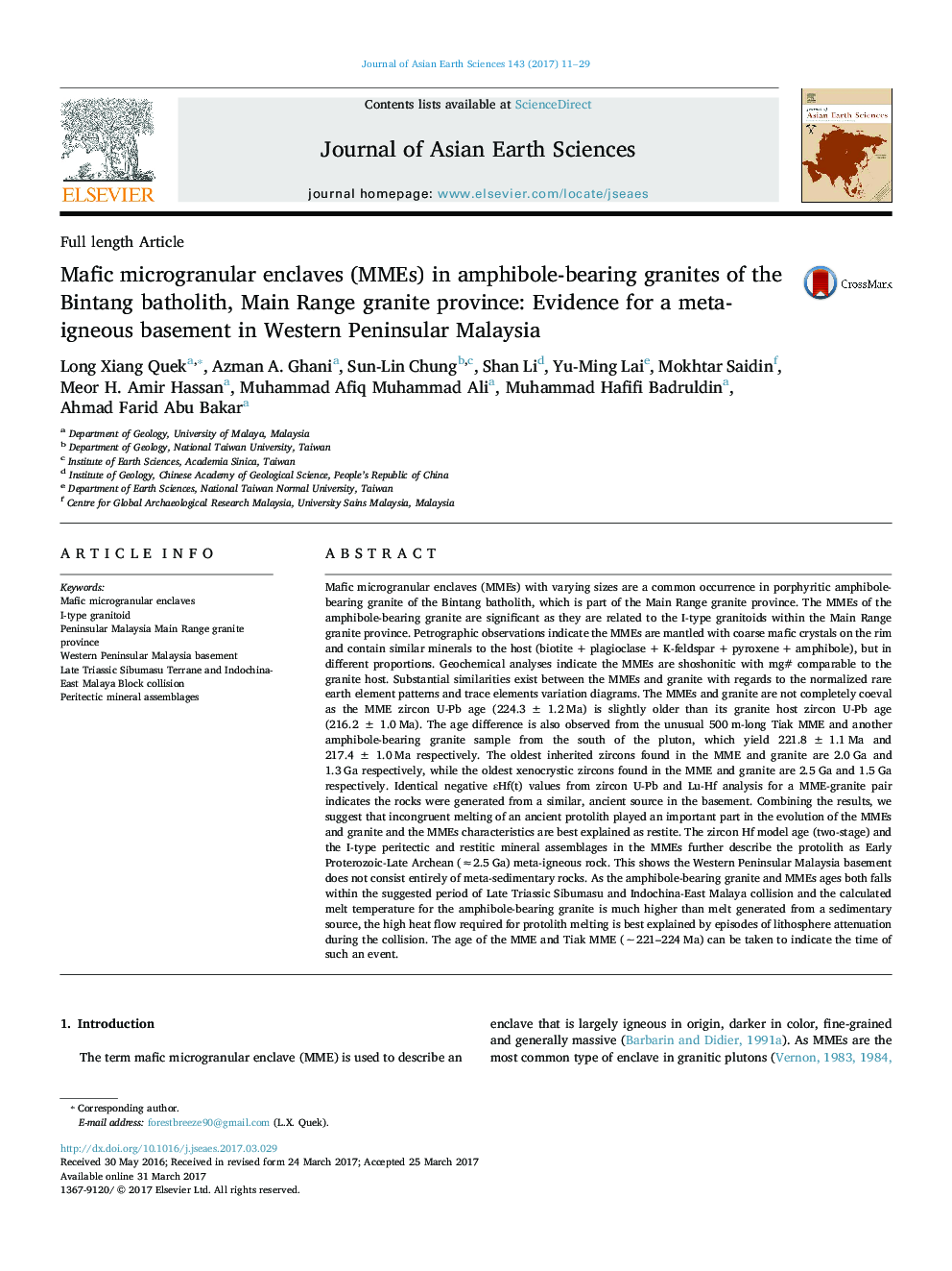 Full length ArticleMafic microgranular enclaves (MMEs) in amphibole-bearing granites of the Bintang batholith, Main Range granite province: Evidence for a meta-igneous basement in Western Peninsular Malaysia