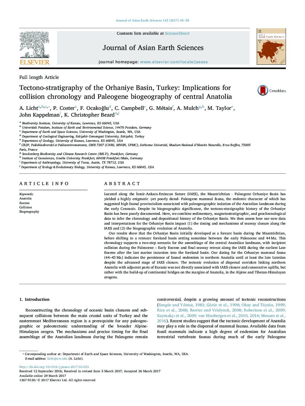 Full length ArticleTectono-stratigraphy of the Orhaniye Basin, Turkey: Implications for collision chronology and Paleogene biogeography of central Anatolia