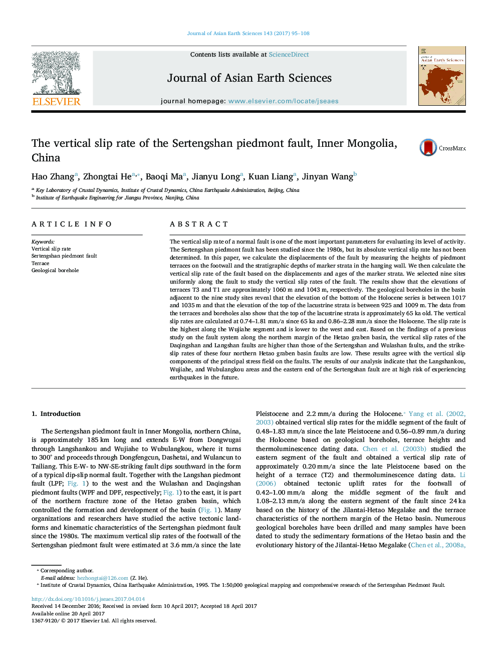 The vertical slip rate of the Sertengshan piedmont fault, Inner Mongolia, China