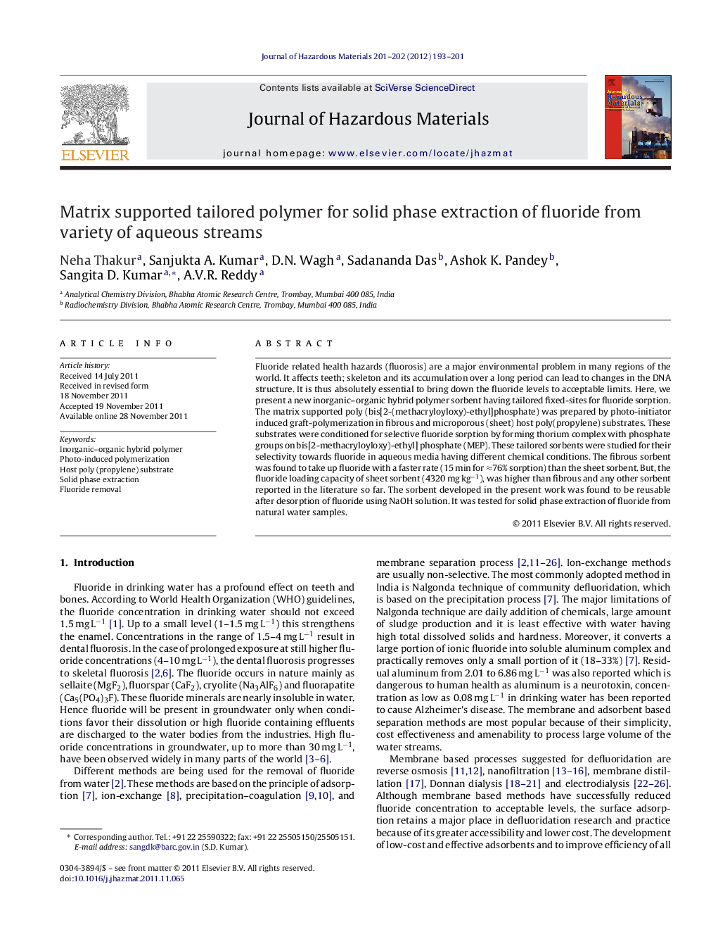 Matrix supported tailored polymer for solid phase extraction of fluoride from variety of aqueous streams