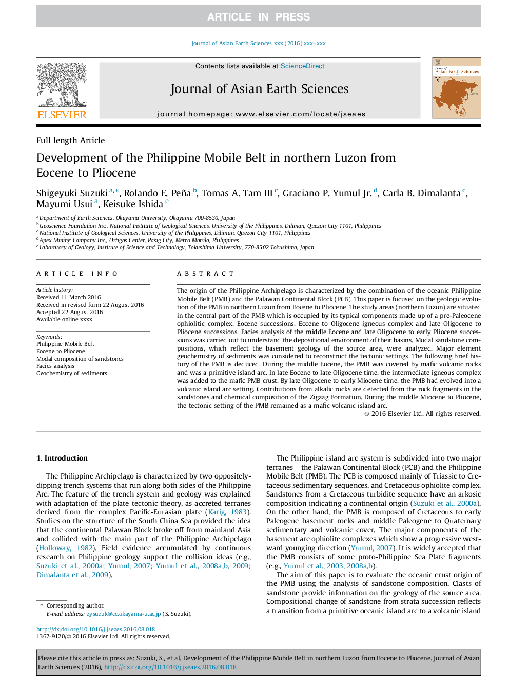 Development of the Philippine Mobile Belt in northern Luzon from Eocene to Pliocene