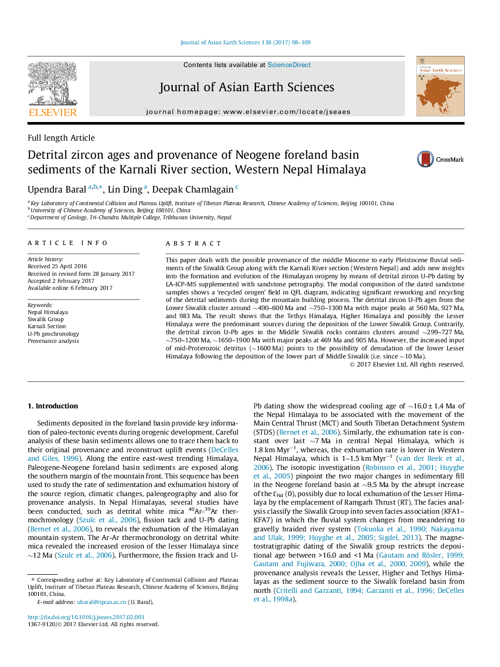 Detrital zircon ages and provenance of Neogene foreland basin sediments of the Karnali River section, Western Nepal Himalaya