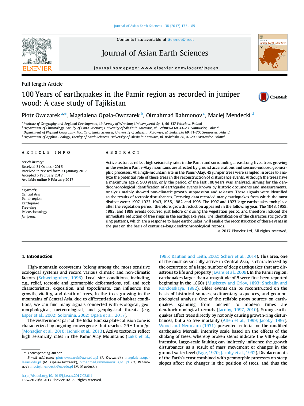 100Â Years of earthquakes in the Pamir region as recorded in juniper wood: A case study of Tajikistan